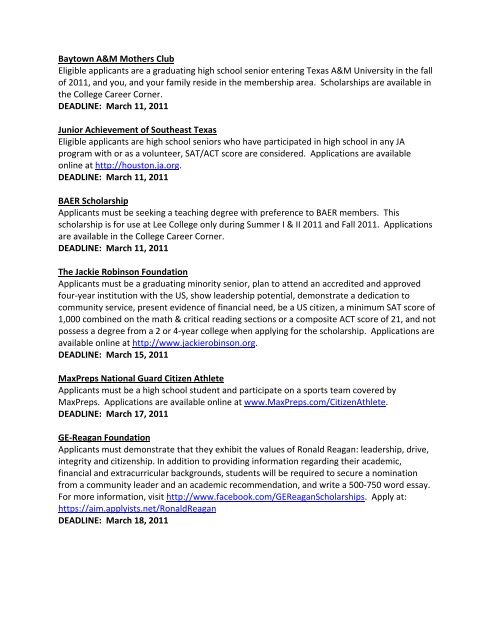 Ross S. Sterling General Scholarship List - Goose Creek ...