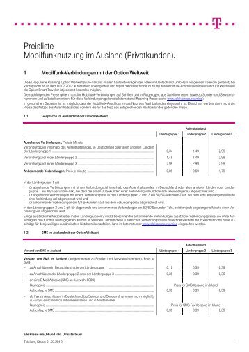 Preisliste Mobilfunknutzung im Ausland (Privatkunden).