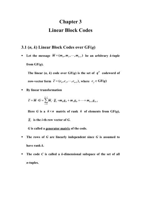 Chapter 3 Linear Block Codes ∑