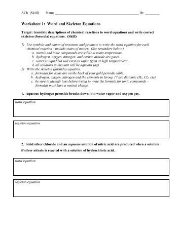 Worksheets Writing Skeleton Equations Worksheet With Answers word equations worksheet and skeleton ach whitnall high school