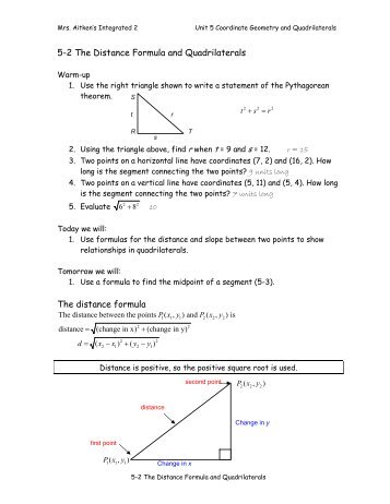 5-2 The Distance Formula and Quadrilaterals The distance formula