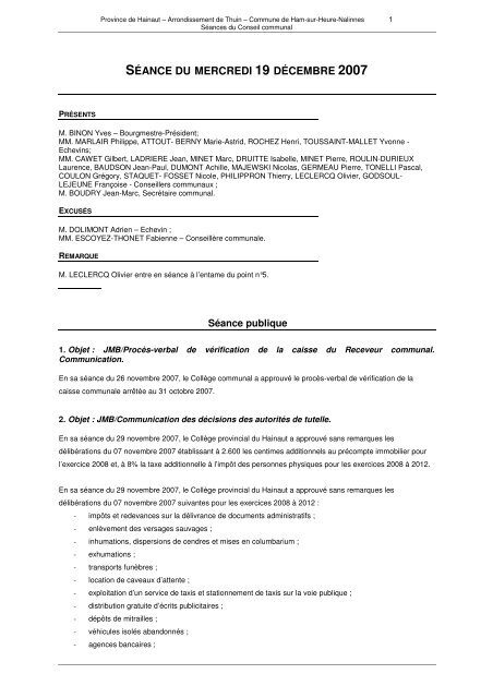 séance du mercredi 19 décembre 2007 - Ham-sur-Heure - Nalinnes