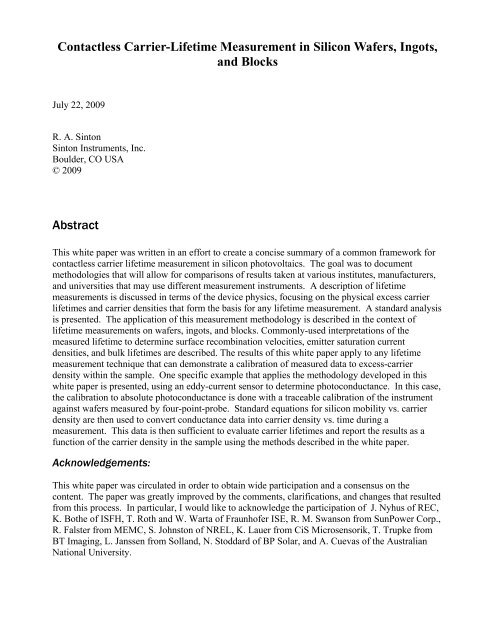 Contactless Carrier-Lifetime Measurement in Silicon Wafers, Ingots ...