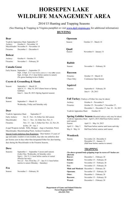 Hunting and Trapping Seasons Specific to Horsepen Lake WMA