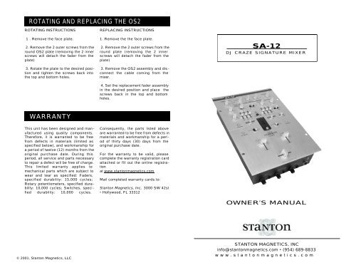 SA-12 WARRANTY ROTATING AND REPLACING THE OS2 - Stanton