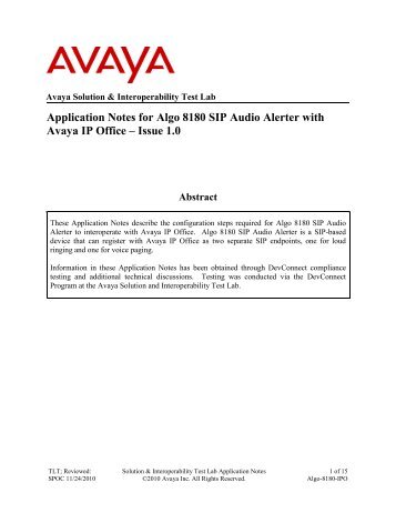 Application Notes for Algo 8180 SIP Audio Alerter with Avaya IP Office