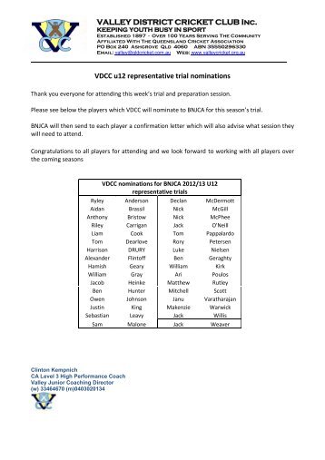 VALLEY DISTRICT CRICKET CLUB Inc. VDCC u12 representative ...