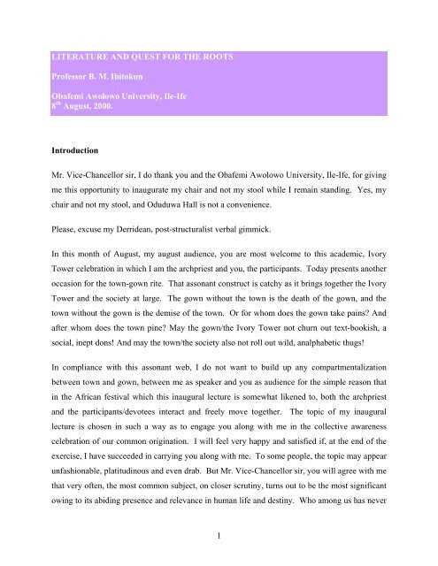 1 Literature And Quest For The Roots Professor B M