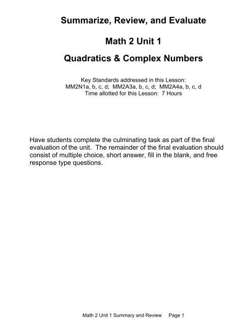 Math II Unit 1 Review and Summary - Ciclt.net