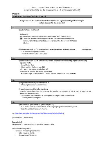 Deutsch Jahrgangsstufe 11: Unterrichtsreihen - Annette Gymnasium