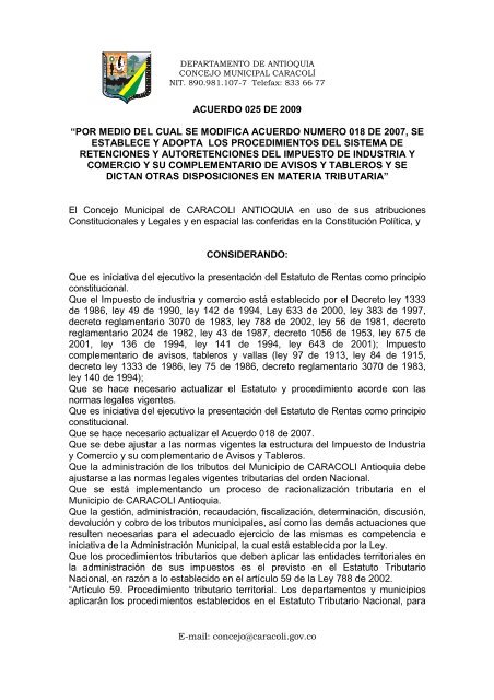 ACUERDO 025 DE 2009 “POR MEDIO DEL CUAL SE ... - Caracolí