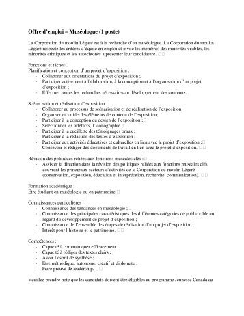 Offre d'emploi â MusÃ©ologue (1 poste)