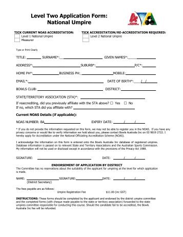 Level 2 Umpire Application Form - Bowls SA