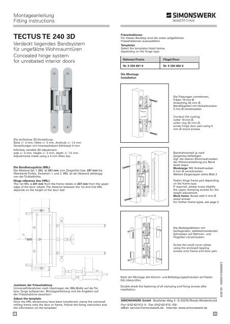 Simonswerk Tectus Te 240 3d Install Guide Epivots