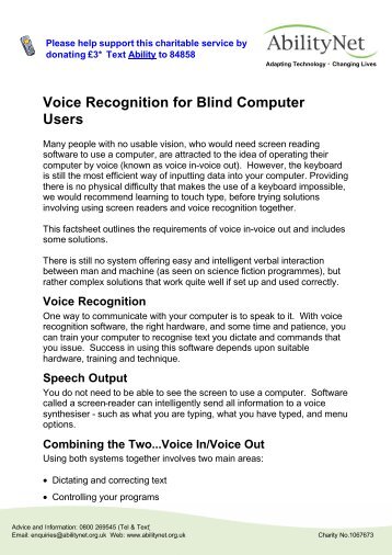 Voice Recognition for Blind Computer Users (PDF) - AbilityNet