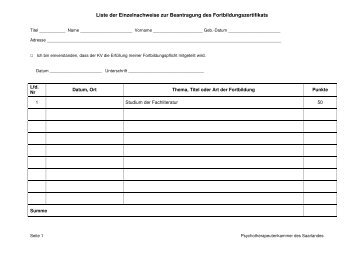 Liste der Einzelnachweise zur Beantragung des Fortbildungszertifikats