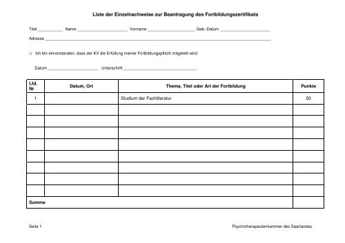 Liste der Einzelnachweise zur Beantragung des Fortbildungszertifikats