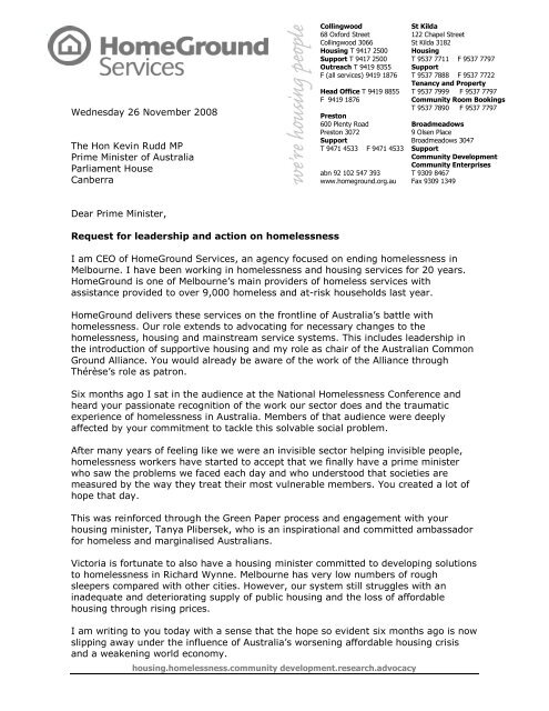 HomeGround's letter to Prime Minister Kevin Rudd