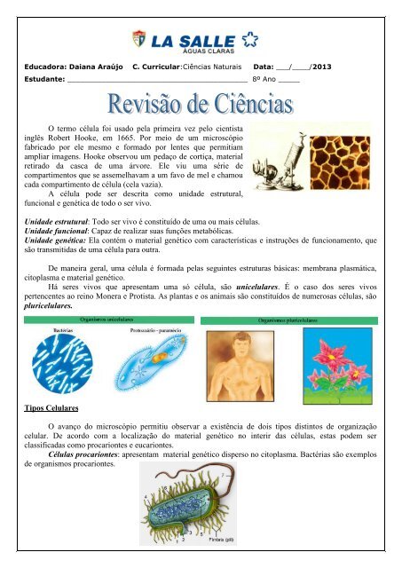 O termo cÃ©lula foi usado pela primeira vez pelo cientista ... - La Salle