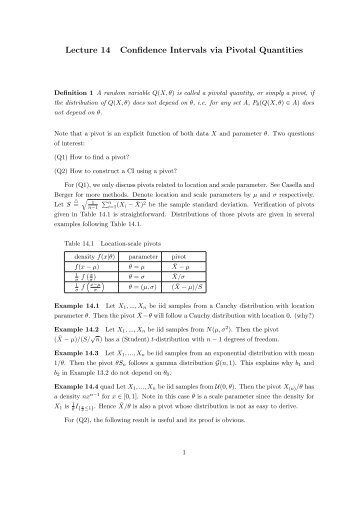 Lecture 14 Confidence Intervals via Pivotal Quantities