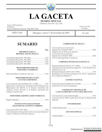 Gaceta - Diario Oficial de Nicaragua - # 245 de 17 Diciembre 2004