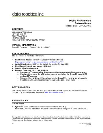 Drobo FS Firmware Release Notes