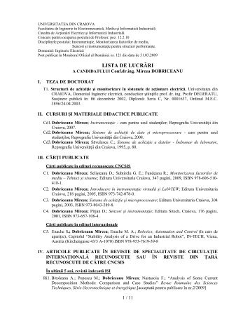 LISTA DE LUCRÄRI - Universitatea din Craiova