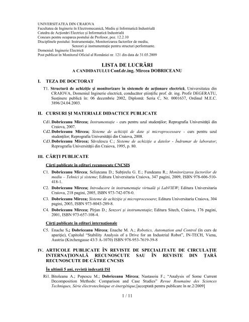 LISTA DE LUCRÄ‚RI - Universitatea din Craiova