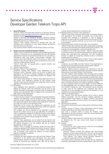 Service Specifications Developer Garden Telekom Tropo API.