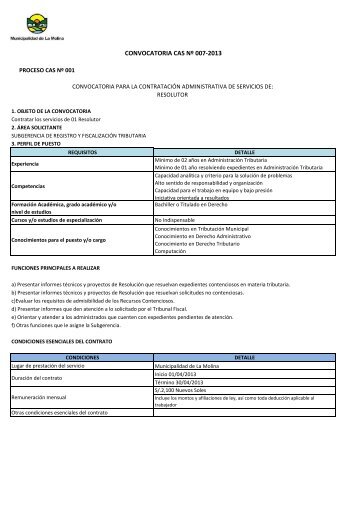 CONVOCATORIA CAS NÂº 007-2013 - Municipalidad de La Molina