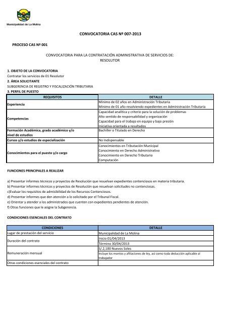 CONVOCATORIA CAS NÂº 007-2013 - Municipalidad de La Molina