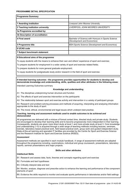 Program Details Document Example PROGRAMME DETAIL SPECIFICATION Programme Summary 1 ...