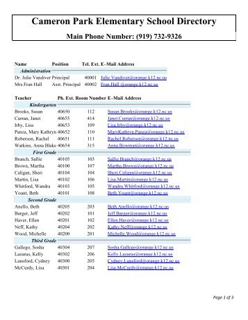 Cameron Park Elementary School Directory - Orange County Schools