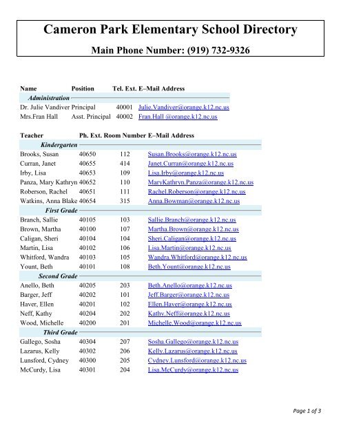 Cameron Park Elementary School Directory - Orange County Schools