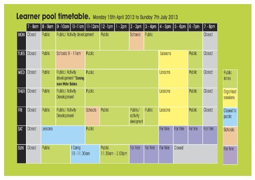 MAIN AND LEARNER SWIMMING POOL TIMETABLE APRIL 2013
