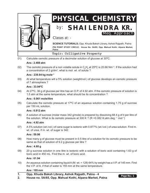 Colligative Property (Assignment) - Shailendra Kumar Chemistry