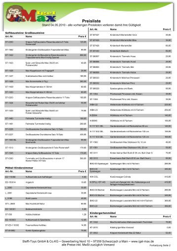 Preisliste - Steffi Toys Spielwaren-Kiga und Schulausstattung