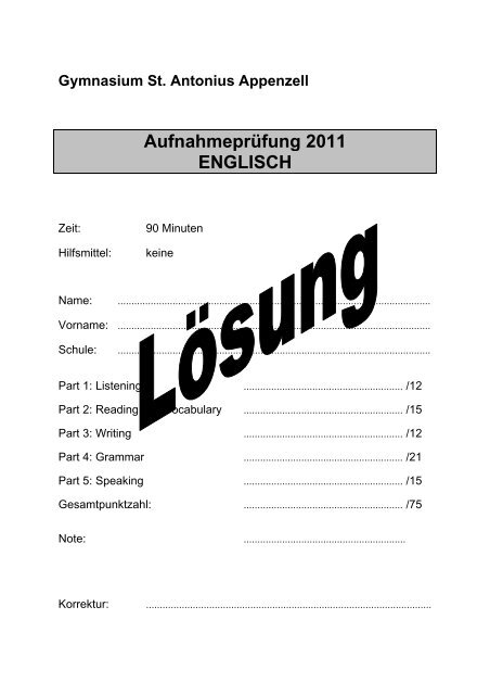 AufnahmeprÃ¼fung 2011 ENGLISCH - Gymnasium St. Antonius ...