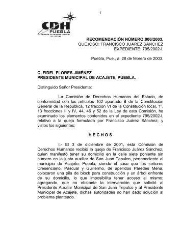 FRANCISCO JUAREZ SANCHEZ EXPEDIENTE: 795/2002-I. Puebla ...