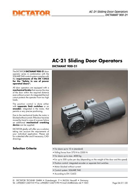 AC-21 Sliding Door Operators - Dictator