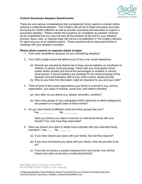 Cross Racial Adoption Questionnaire (Draft 1) - The Cradle