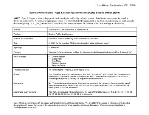 Summary Information: Ages & Stages Questionnaires - FPG Child ...