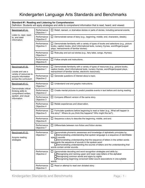 Kindergarten Language Arts Standards and Benchmarks