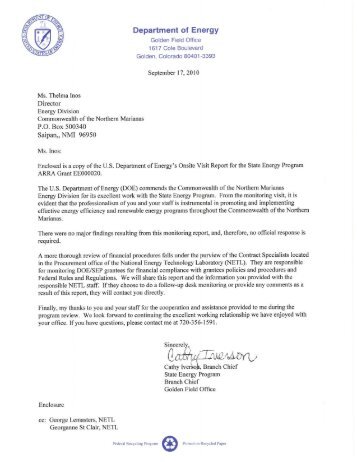 US Department of Energy Official Monitoring Trip Letter and Report