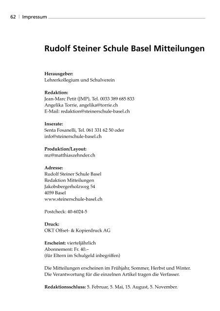 MITTEILUNGEN - Rudolf  Steiner Schule Basel
