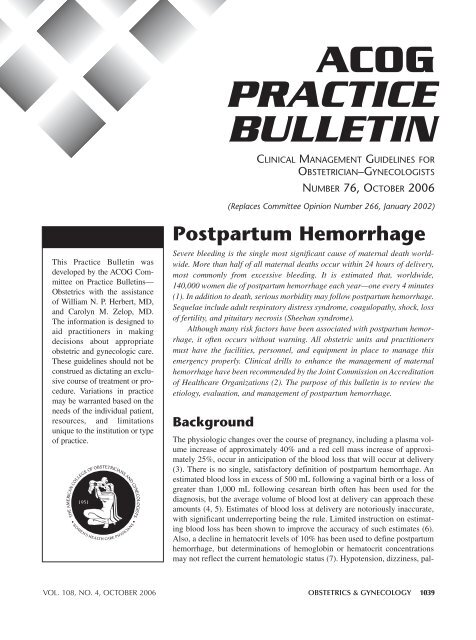 ACOG Practice Bulletin No. 76: Postpartum Hemorrhage