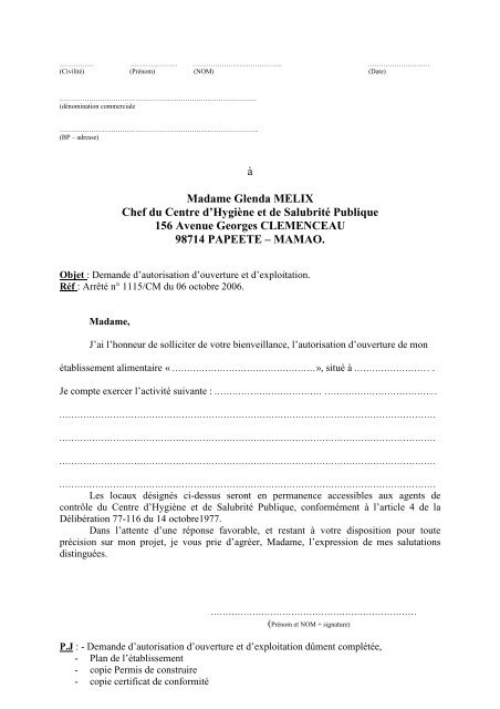 Formulaire de demande autorisation - Site du Centre d'HygiÃ¨ne et ...