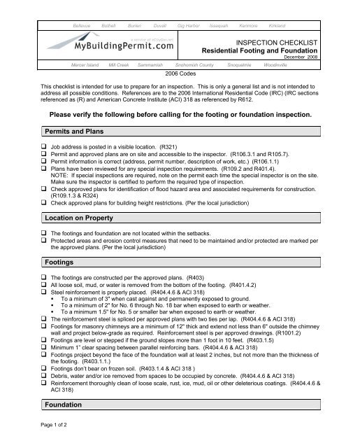 INSPECTION CHECKLIST Residential Footing and Foundation ...