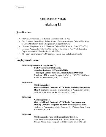 Aizhong Li Qualification - New York Chiropractic College
