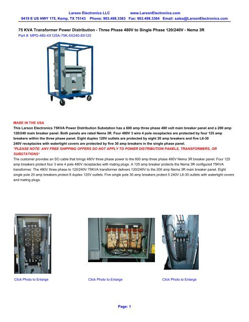 75 KVA Transformer Power Distribution - Three ... - Magnalight.com